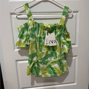 Zara Tropical Green Leaf Print Blouse
